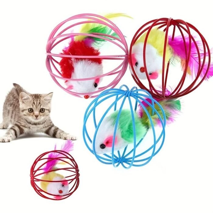 5er Pack Interaktive Katzenspielballe mit Pluschemausen Bunter Kafig Maus Ball Set fur Katzen Geeignet fur alle Rassen und Grosen Nicht batteriebetriebene Haustier Spielzeuge