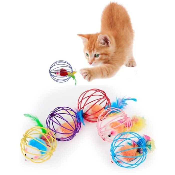 Oiuyamn Cat Interactive Toys Metal Cage with Colourful Plush Mouse Toys Kitten Teething Toys Cat Chew Toys Cat Indoor Exercise Toys Ball 1PCS Random Color